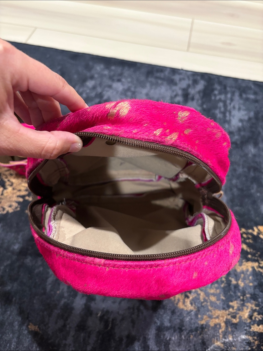 Keep It Gypsy Pink Gold Splatter Faux Fur Mini Backpack Crossbody LV Patch - Picture 5 of 6